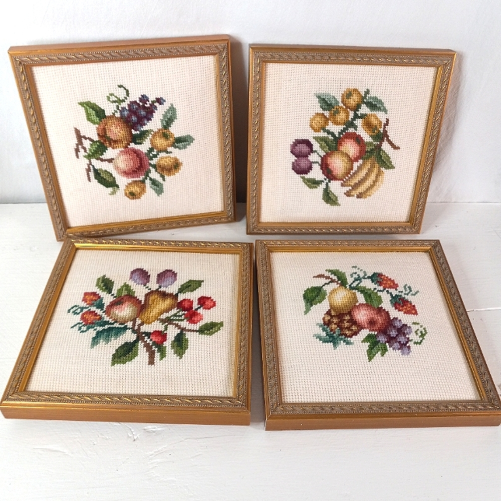 Needlepoint of four seasonal Needlepoint pieces 8.5 inches Framed Fruits